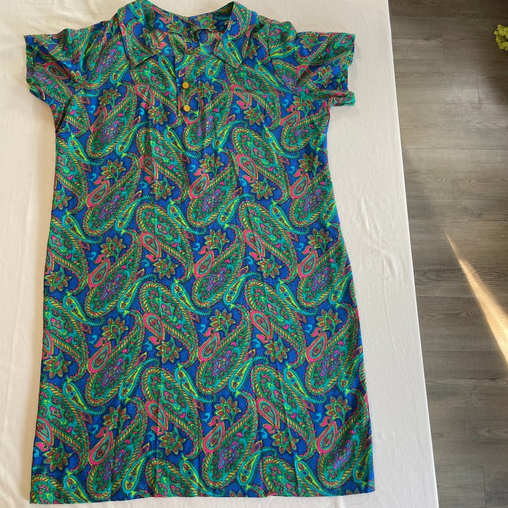 Vintage Handmade 60's Blue Green And Magenta Paisley Short Sleeve Dress Size 22